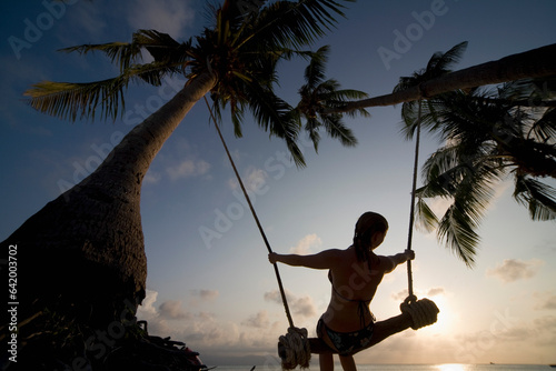 Young woman at sunset on a swing between palm trees, Thailand
 photo