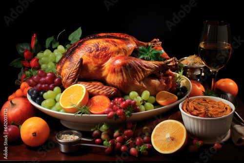 Baked turkey on the festive table for Thanksgiving dinner