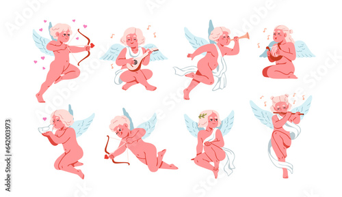 Cupids set. Cute baby angels, kids cherub characters. Flying winged girls, bo...