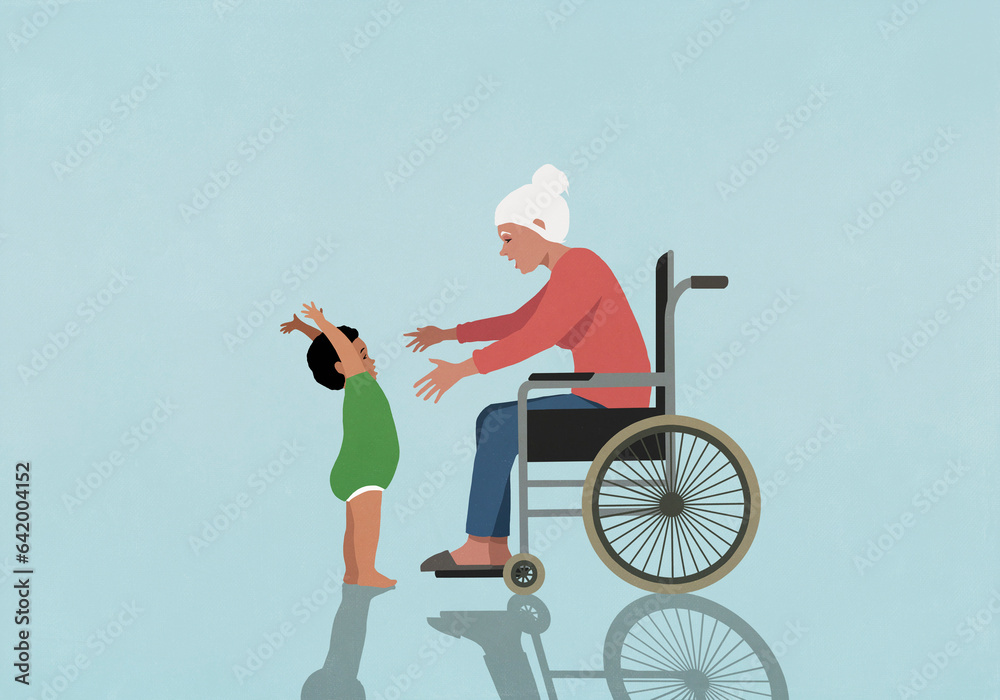 Grandmother in wheelchair reaching for baby grandson
Grandmother in wheelchair reaching for baby grandson