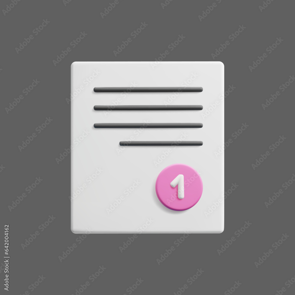 Cute 3D business document vector icon. White 3D paper sheet document with line words and one new message notification stamp. Business communication, office agreement, to do list 3D vector illustration Cute 3D business document vector icon. White 3D paper sheet document with line words and one new message notification stamp. Business communication, office agreement, to do list 3D vector illustration