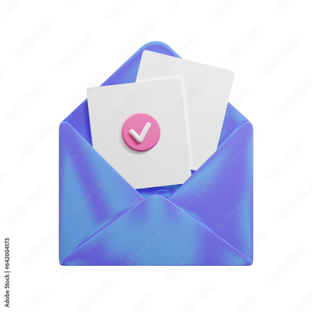 3d neon purple email envelope vector icon. Cute 3d open email envelope with empty paper letters and pink check mark symbol. Business communication, mailbox, inbox newsletter decor element. 3d neon purple email envelope vector icon. Cute 3d open email envelope with empty paper letters and pink check mark symbol. Business communication, mailbox, inbox newsletter decor element.