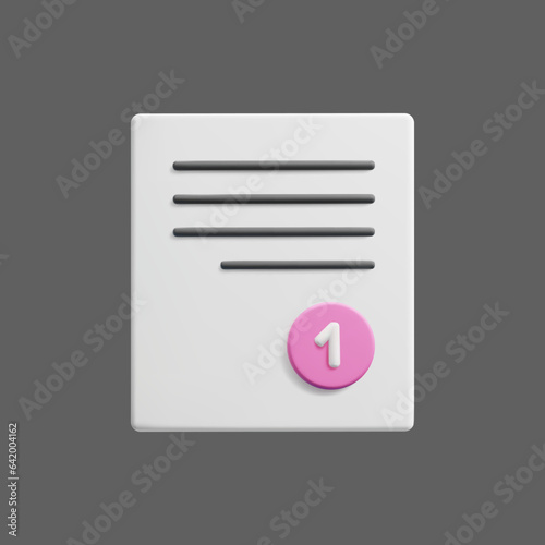 Cute 3D business document vector icon. White 3D paper sheet document with line words and one new message notification stamp. Business communication, office agreement, to do list 3D vector illustration
