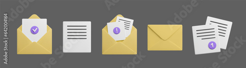Set of different 3D mail envelopes with letters and notification signs. Colorful yellow 3D email envelopes: open and closed, with white paper letters and one new message, send, read notifications.