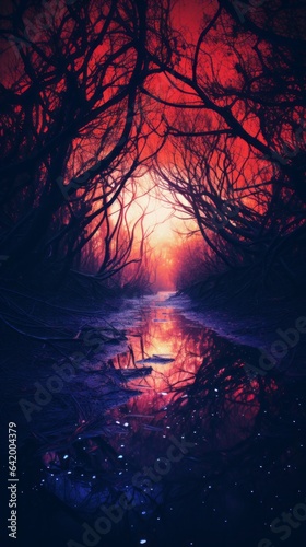 Matschiger angsteinflößender Weg in einer düsteren Welt mit trockenen Bäumen, Ästen und einem rot-glühenden Horizont