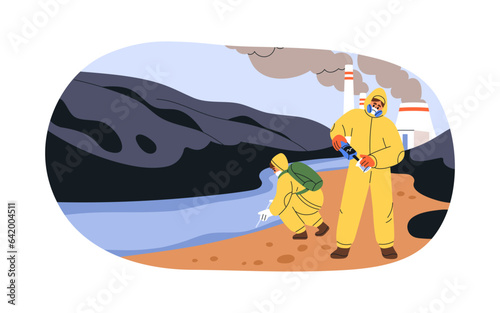 Testing polluted water at chemical industry plant. Scientists in PPE taking toxic samples at factory sewage. Industrial pollution concept. Flat graphic vector illustration isolated on white background