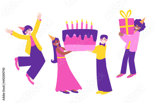 Happy people celebrating birthday, holding champagne and party cake with candles, congratulating person. Colored flat vector illustration isolated on white background