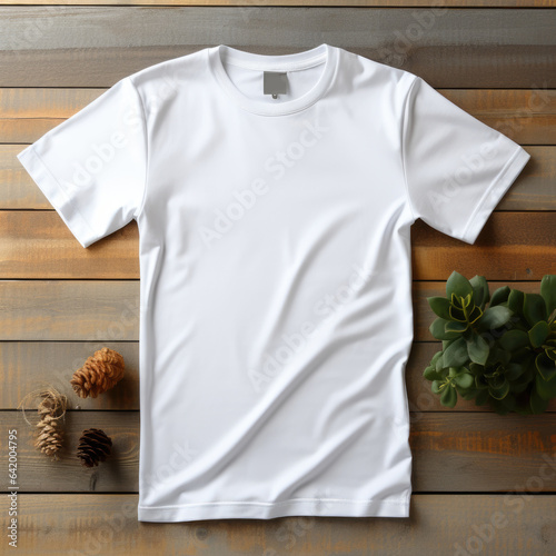 white blank tshirt on wooden background, AI Generated