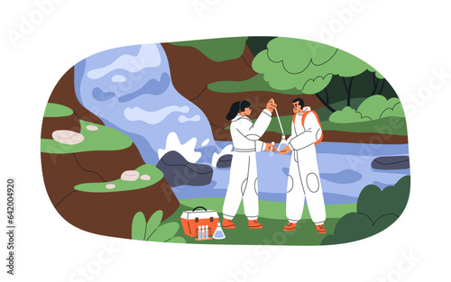 Scientists ecologists taking water samples. Testing, studying aqua quality, chemical analysis. Biologists with tubes, flasks in nature. Flat graphic vector illustration isolated on white background