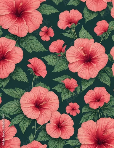 Hibiscus Seamless Tropical flowers background Wallpaper. Generative AI