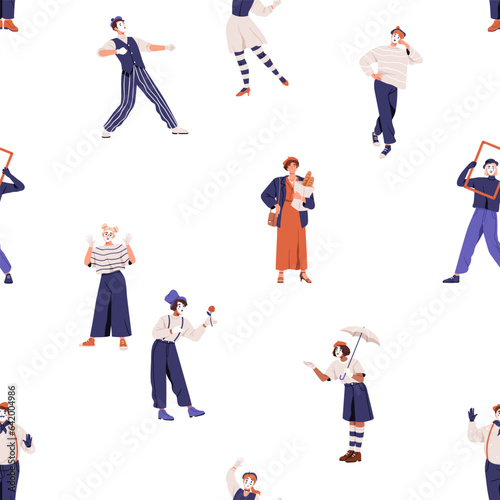 French mimic actors, seamless pattern. Mimes art, endless background design, repeating print. Street artists, printable texture for textile, fabric, decoration. Colored flat vector illustration