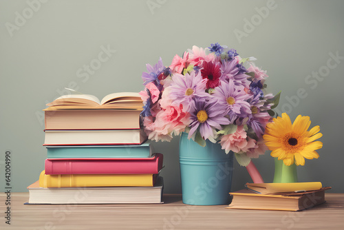 autumn flowers bouquet, pencils in fox shape cup and books on table. back to school concept. autumn seasonal composition. symbol of fall time. Knowledge Day. copy space. template for design