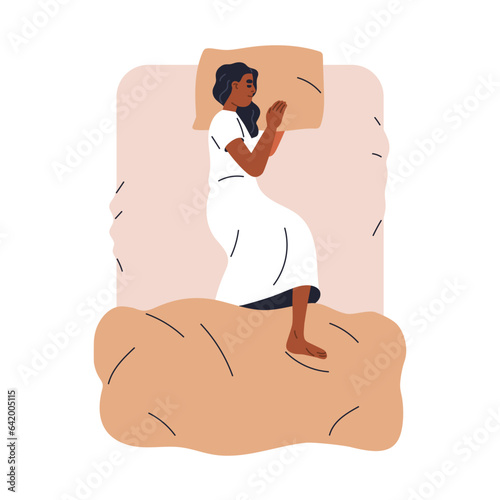 Young black woman sleeping, top view. African-American girl lying on side, relaxing, dreaming in bed. Asleep person on pillow, mattress. Flat vector illustration isolated on white background