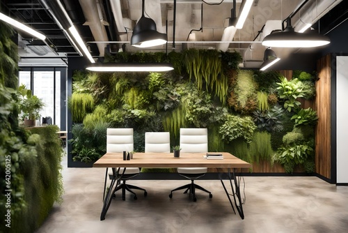 office workplace interior with table and chairs in a garden-view style 