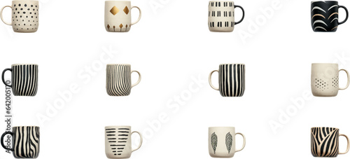 Set of mugs in different shapes on white background.  Generative AI