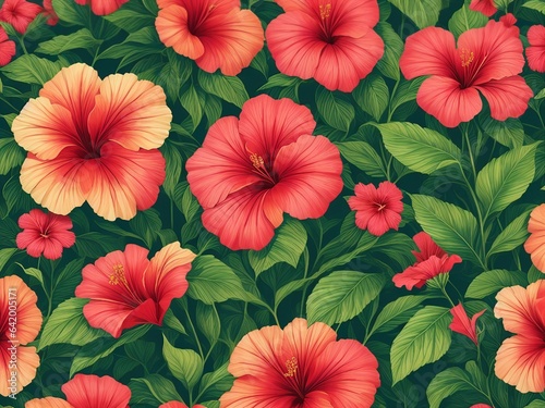 Hibiscus Seamless Tropical flowers background Wallpaper. Generative AI