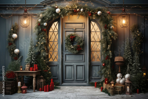 Entrance door to the house, decoration for Christmas exterior