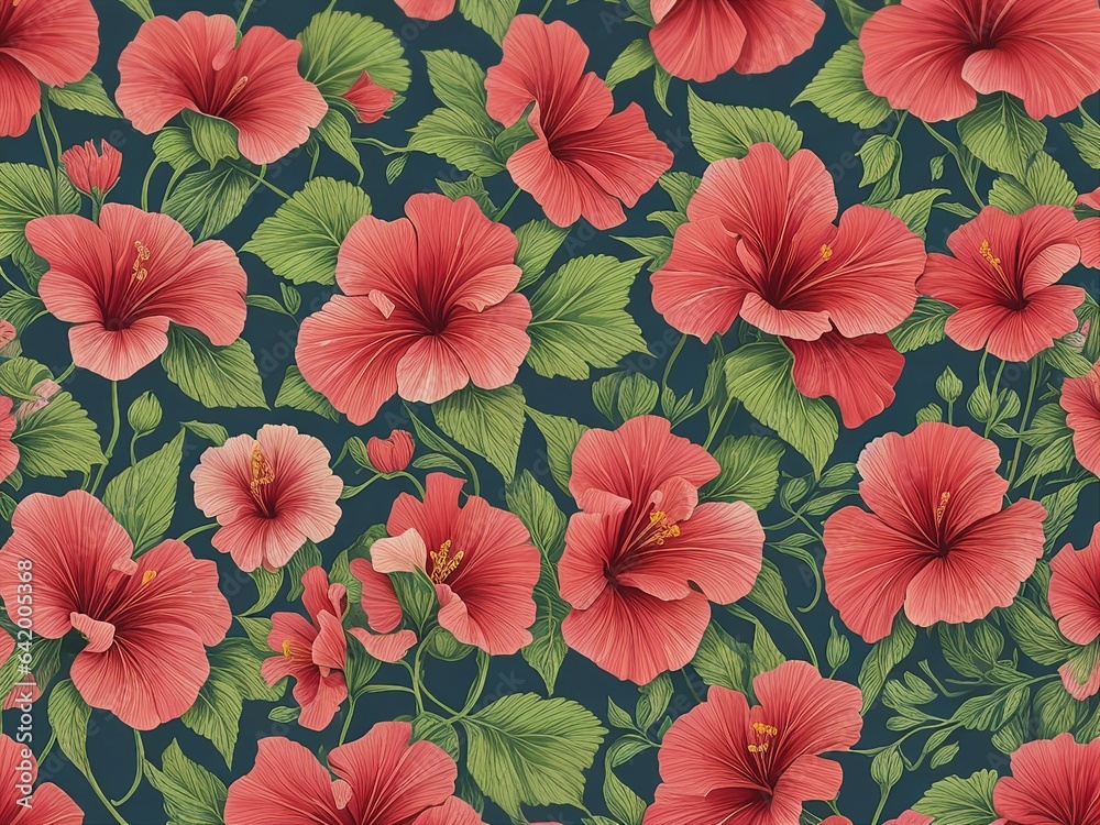 Hibiscus Seamless Tropical flowers background Wallpaper. Generative AI Hibiscus Seamless Tropical flowers background Wallpaper. Generative AI