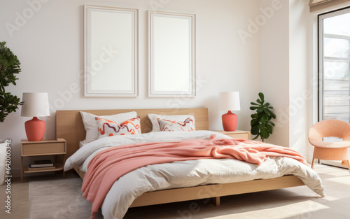 Scandinavian interior design of modern bedroom with two blank poster mockup frames. Cozy stylish interior with bed.