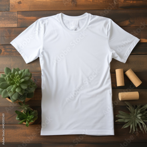 white blank tshirt on wooden background, AI Generated