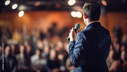 Motivational Speaker with Microphone in Front of Audiences