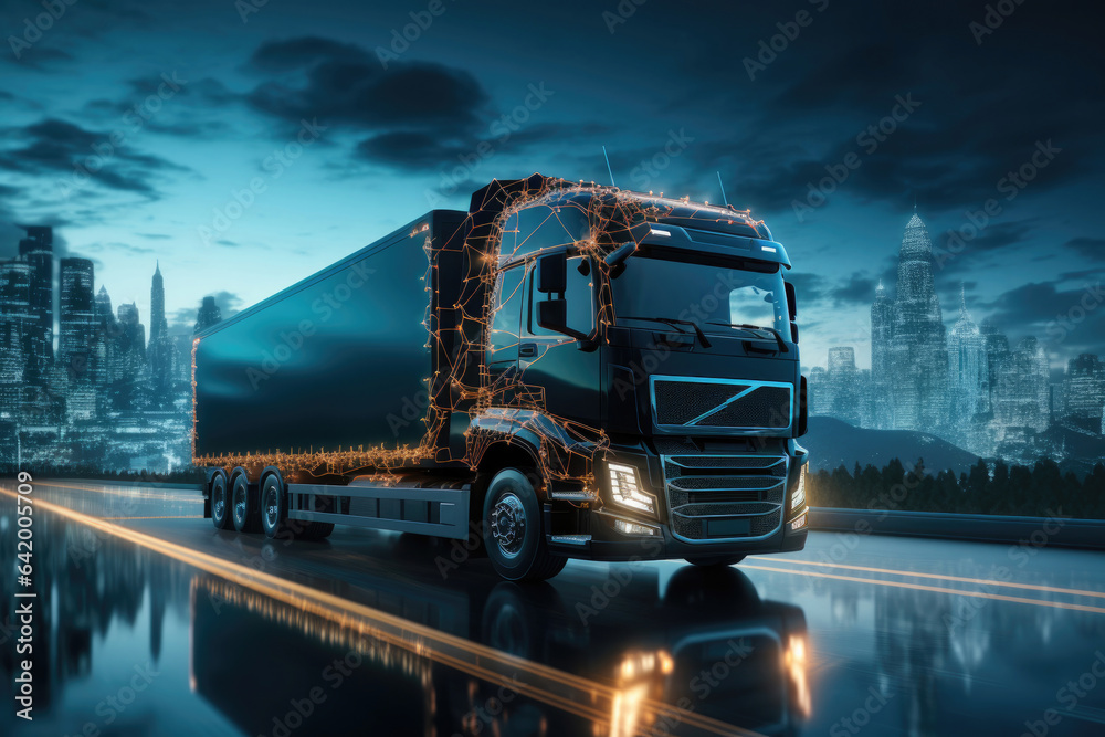 Tuck with a container is going to the autobahn. Transport and logistics concept, Online cargo delivery Tuck with a container is going to the autobahn. Transport and logistics concept, Online cargo delivery