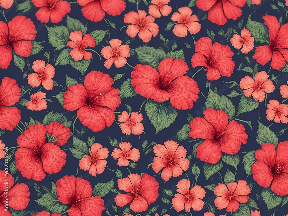 Hibiscus Seamless Tropical flowers background Wallpaper. Generative AI