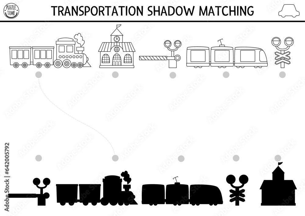 Transportation black and white shadow matching activity. Railway transport line puzzle with cute trains, station. Find correct silhouette printable worksheet, game. Funny coloring page for kids.