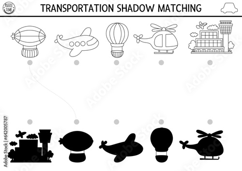Transportation black and white shadow matching activity. Air transport line puzzle with zeppelin, plane, helicopter, airport. Find correct silhouette printable worksheet. Coloring page for kids.