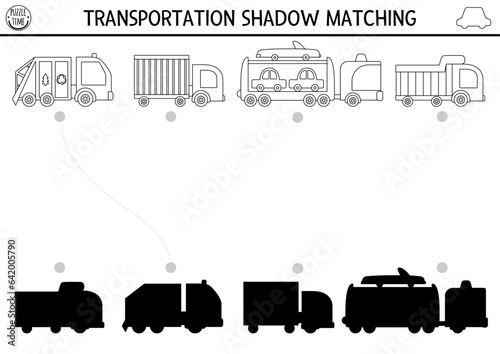 Transportation black and white shadow matching activity. Transport line puzzle with cute trucks. Find correct silhouette printable worksheet or game. Funny coloring page for kids with lorry.
