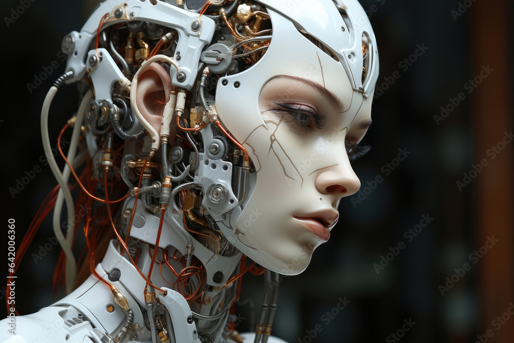 Female artificial intelligence. Futuristic robot head with technological system