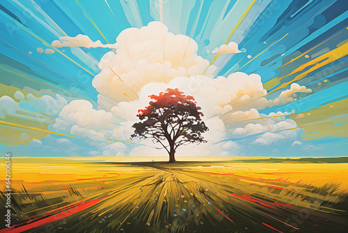 sunlit meadow with a single tree in the center, colorful summer illustration background
