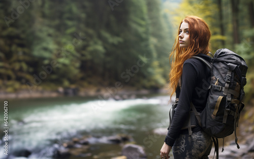 Handsome female tourist with red hair and large backpack on hiking trail in woods next to river. Beautiful woman walking in woods  break from work  time to reflect alone with herself.