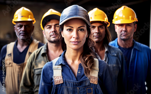 Group of industrial workers wearing helmets and overalls. Female teamlider standing in front of constriction workers.