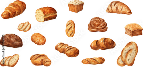 Set of breads in various styles on a white background. Generative AI