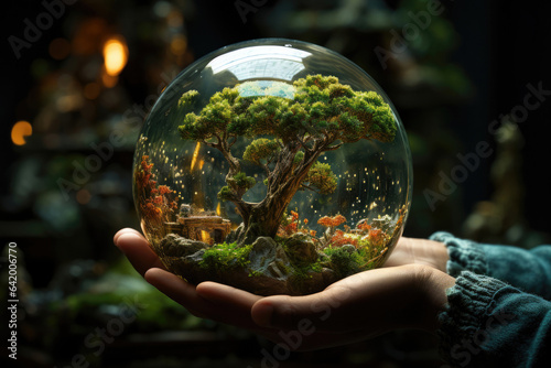 Symbolic glass ball with green plants on the palms of a person. Care for nature