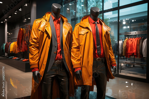 Mannequins in a men's clothing store in red and orange colors