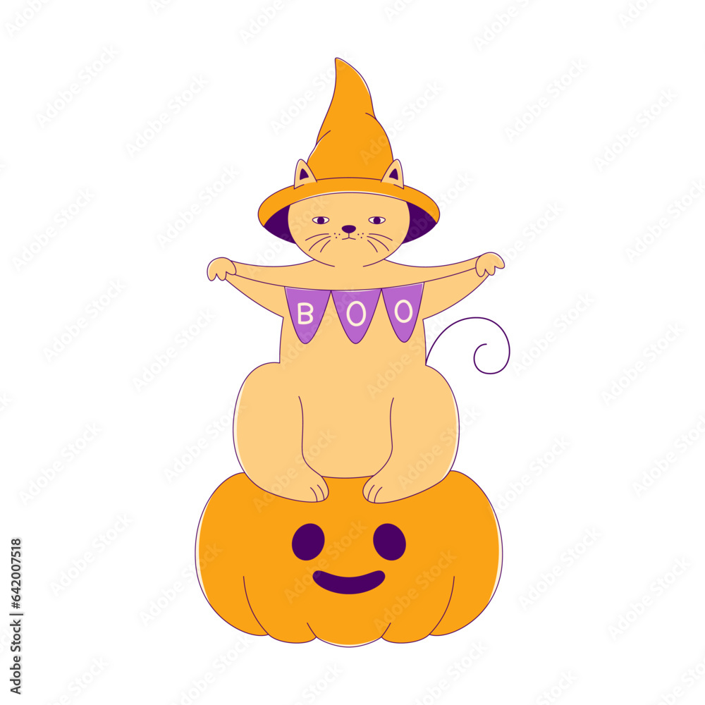 Lined Halloween Cat sits on Pumpkin holds Bunting Flags, Cartoon Character Lined Halloween Cat sits on Pumpkin holds Bunting Flags, Cartoon Character