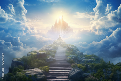 Beautiful fantasy landscape with spiritual pathway to heaven and paradise. Life after dead concept.