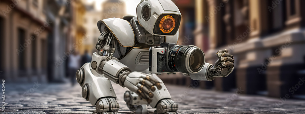 robot photographer in the streets of the city, the concept of robots replacing human professions, banner robot photographer in the streets of the city, the concept of robots replacing human professions, banner