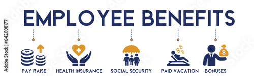 Employee benefits banner website icons vector illustration concept with an icons of pay raise, health insurance, social security, paid vacation, bonuses on white background