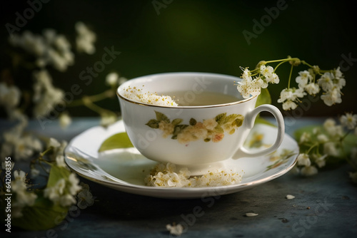 Cup of Linden flower tea surrounded by ingredients