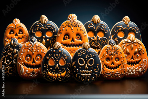 Ginger cookies in the form of a pumpkin head lamp for the Halloween holiday. Sweets for children