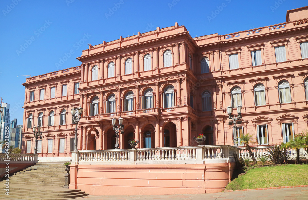Obraz premium The Side Facade of Casa Rosada or the Pink House, famous historical Presidential Palace on Plaza de Mayo Square in Buenos Aires, Argentina, South America