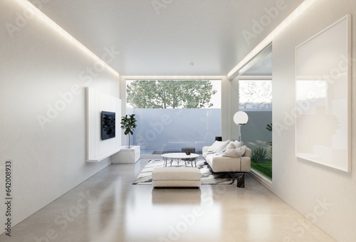 minimal interior of the living room with a white base tone. 3D illustration render © AuzaStudio