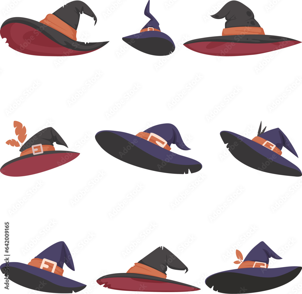 A large collection of Halloween witch hats. Cartoon style. A large collection of Halloween witch hats. Cartoon style.