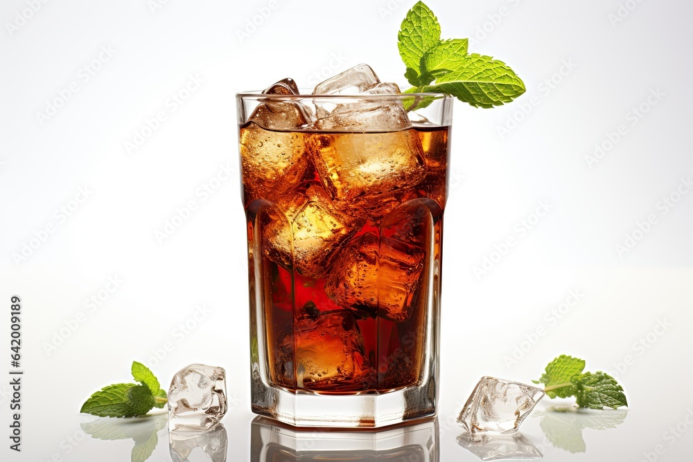 Fresh cola at the drink glass with mint and straw on white Fresh cola at the drink glass with mint and straw on white