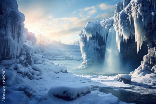 Landscape of a frozen waterfall at dawn