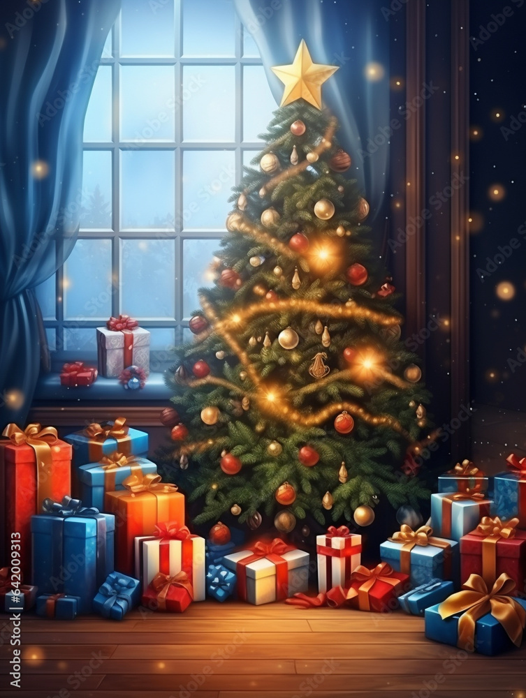 プレゼントが飾られたクリスマスツリー　Generative AI