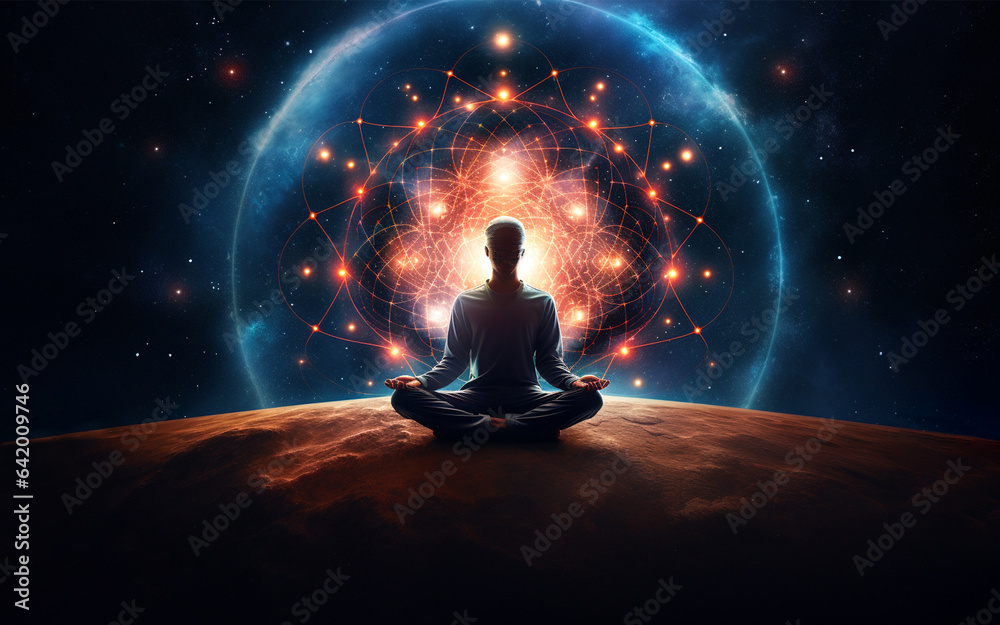 Man in yoga pose on top of earth surrounded with the solar system. Illustration of spirituality and meditation journey - obrazy, fototapety, plakaty 